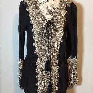 Free People Wildest Moments Boho Tapestry Tunic Lace Up Long Sleeve size…